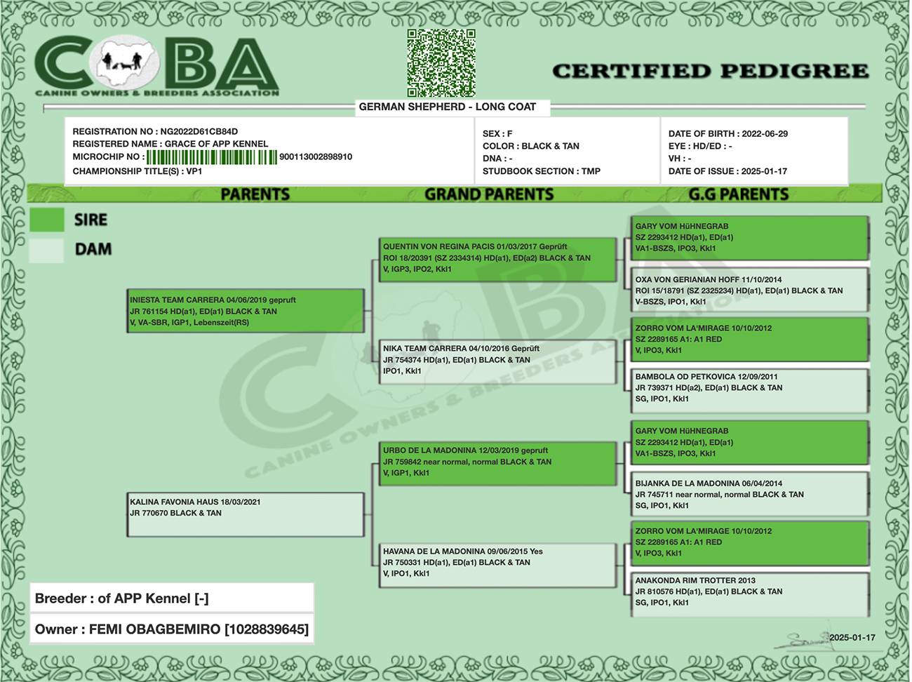 Mating Certificate